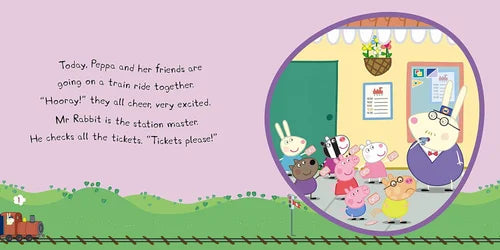 Illustration from a children's book with Peppa Pig and friends at a train station.