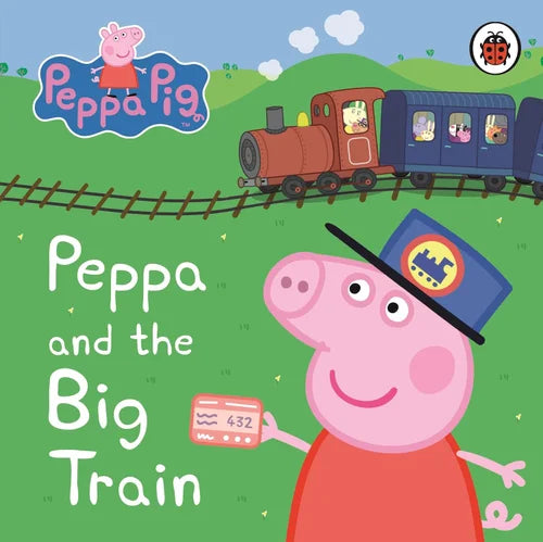 Book cover of 'Peppa and the Big Train' featuring Peppa Pig and a train on a green background.