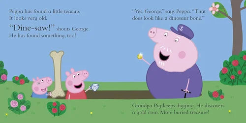 Illustration from a children's book with Peppa Pig and George in a garden setting.