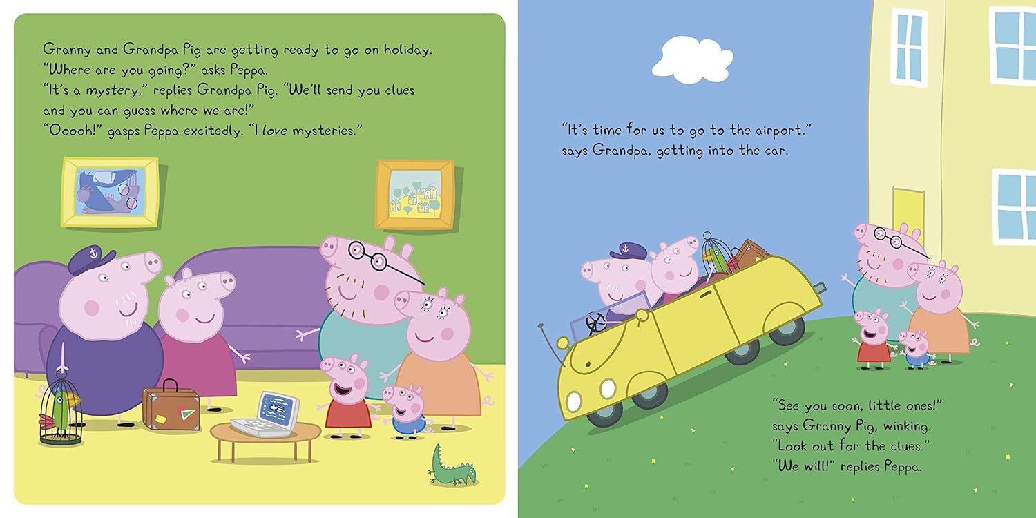 Illustration from a children's book featuring Peppa Pig and family preparing for a holiday.