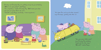 Illustration from a children's book featuring Peppa Pig and family preparing for a holiday.