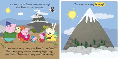 Illustrated book pages showing a family of cartoon animals on an adventure with a mountain scene.