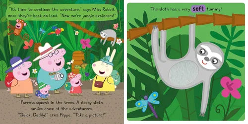 Children's book page with Peppa Pig and family in a jungle setting and a sloth character.