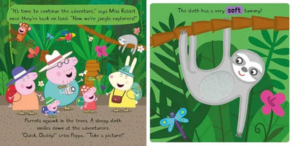 Children's book page with Peppa Pig and family in a jungle setting and a sloth character.
