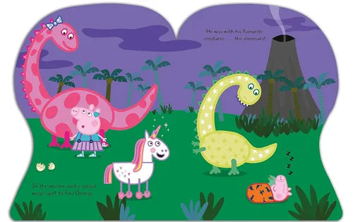 Illustration of a dinosaur, unicorn, and other creatures in a fantasy landscape with a purple sky.