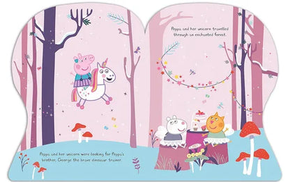 Illustrated children's book open to a page with Peppa Pig and a unicorn in a forest setting.