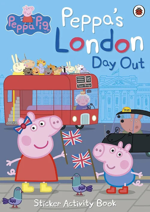 Sticker activity book cover featuring Peppa Pig and friends with a red bus and British flags.
