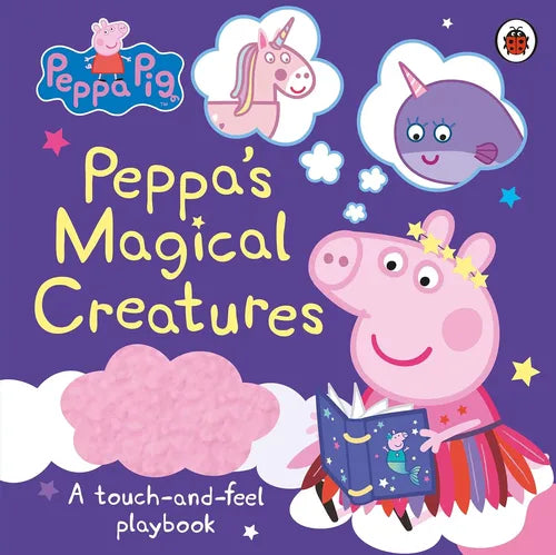 Book cover of 'Peppa's Magical Creatures' featuring Peppa Pig and magical creatures on a purple background.