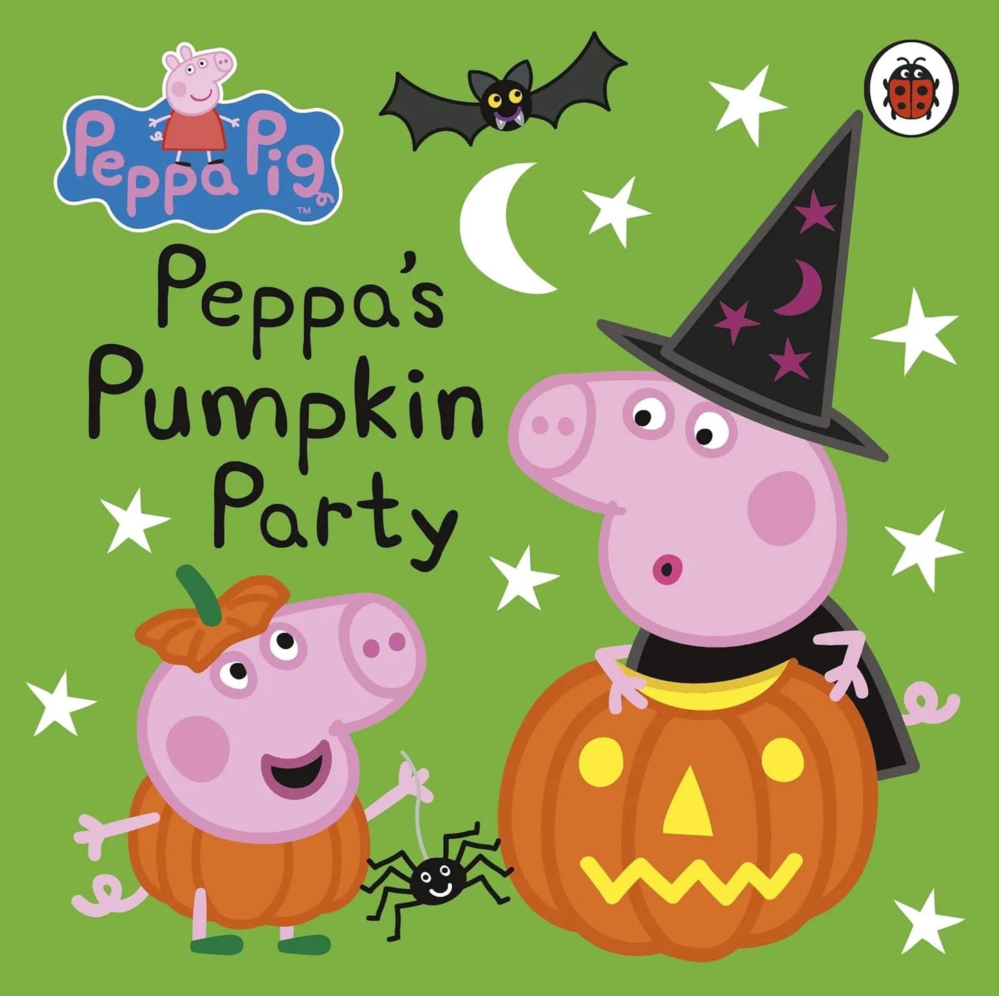 Book cover of 'Peppa's Pumpkin Party' featuring Peppa Pig and a pumpkin character on a green background.