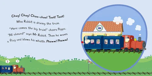 Children's book page with a cartoon train and characters on tracks.