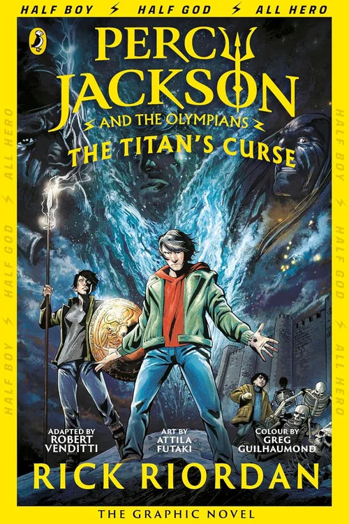 Book cover of 'Percy Jackson and the Olympians: The Titan's Curse' graphic novel with characters and title.