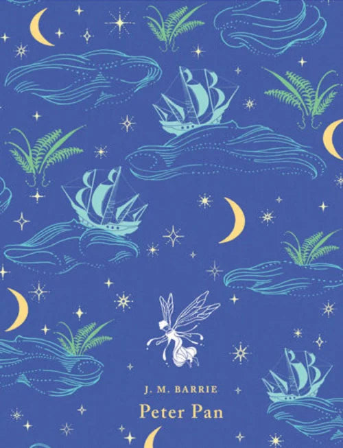 Book cover of 'Peter Pan' by J.M. Barrie with whale, ship, and fairy illustrations on a blue background.