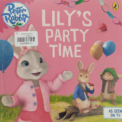 A preloved children's book cover featuring animated rabbit characters from the 'Peter Rabbit' series, with the title 'Lily's Party Time'. The cover displays the main character in a pink party dress, accompanied by other rabbit characters, set against a pink background with balloons.