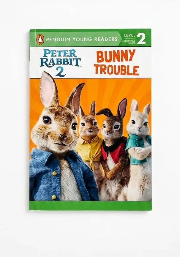 A children's book titled 'Peter Rabbit 2 Bunny Trouble' from Penguin Young Readers, featuring illustrations of Peter Rabbit and three other rabbits on the cover, shown against a plain white background.