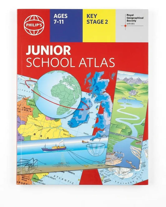 Philip's Junior School Atlas Key Stage 2 book cover, featuring a red header with age and stage indicators, a globe, UK map, and coastal illustrations on a white background.