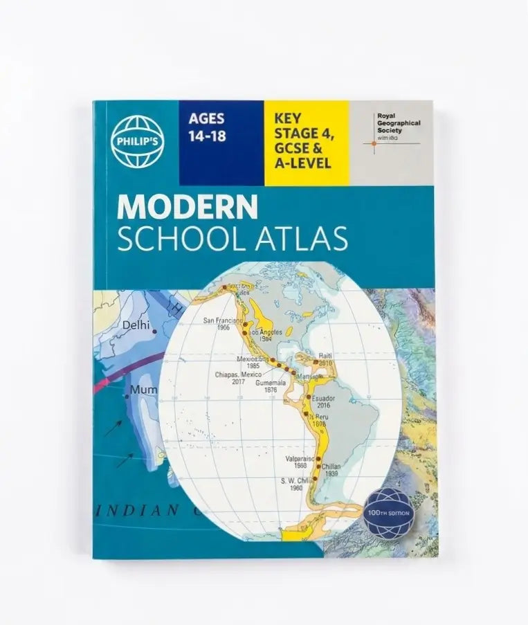 Philips Modern School Atlas Key Stage 4, GCSE & A-Level geographical study book, shown against a plain white background.