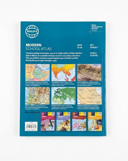 Philips Modern School Atlas GCSE and A-Level Geography book cover, featuring a teal blue background with multiple educational map previews and a barcode at the bottom.