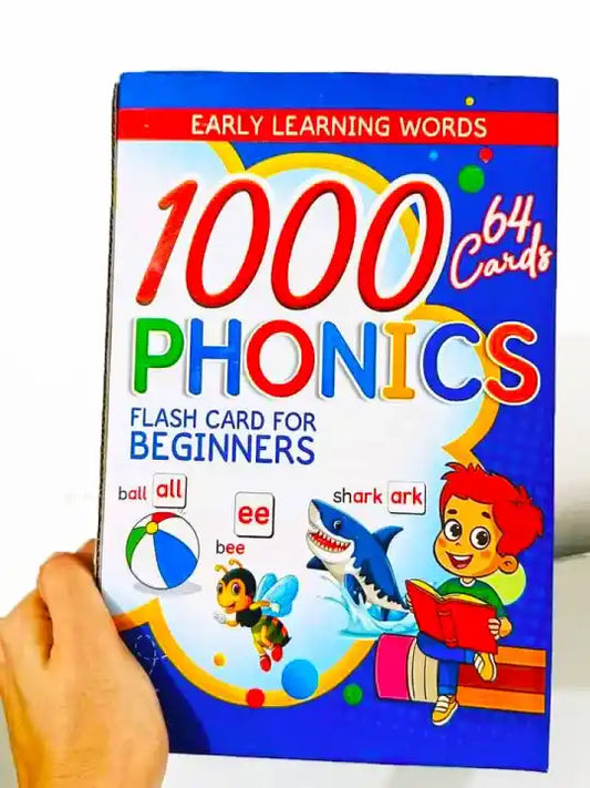 Flash card book titled '1000 Phonics' for beginners with colorful design and text.