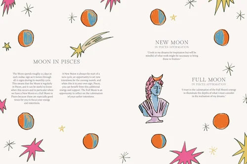 Illustrated page about celestial bodies and phases with astrological symbols.