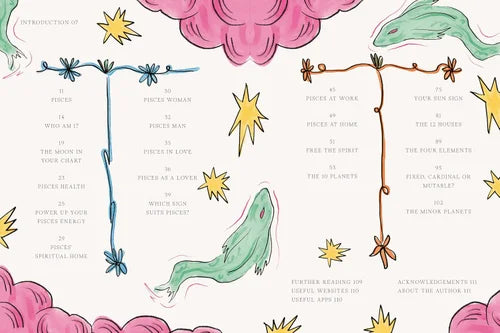 Astrological chart with colorful illustrations of planets and stars on a white background