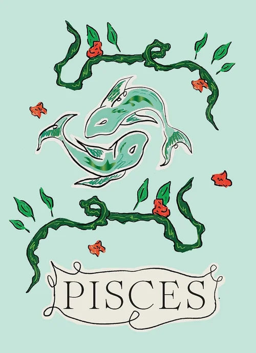 Illustration of the Pisces zodiac sign with decorative elements on a light green background