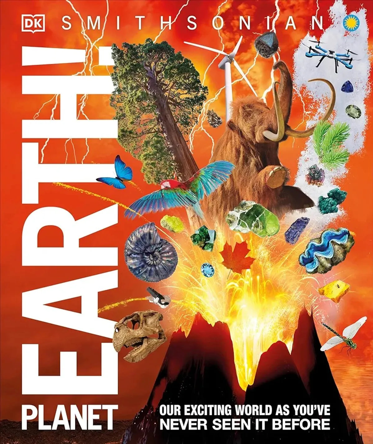 Book cover of 'Earth! Planet' by DK Smithsonian with various nature-themed illustrations on an orange background.