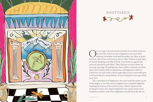 Illustration of a zodiac sign, specifically Sagittarius, with decorative elements on a checkered floor.