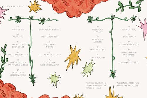 Decorative text layout with flowers and stars on a white background