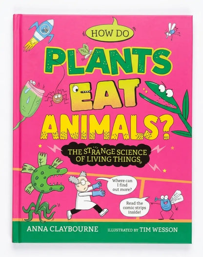 Book cover of 'How Do Plants Eat Animals?' with colorful illustrations on a pink background