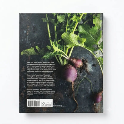 The back cover of a book titled 'Plant Based' by Richard Bluck, featuring a high-quality photograph of purple turnips with green tops on a dark textured background, complete with white text and a barcode.