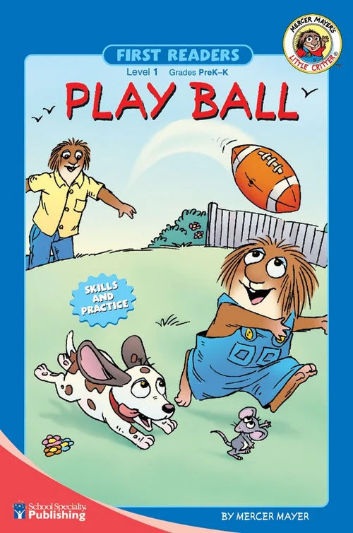 Book cover of 'Play Ball' with cartoon characters playing baseball.