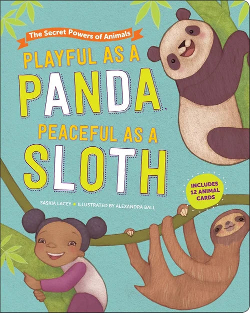 Book cover with a panda, sloth, and child on a branch, featuring colorful text and animal cards.