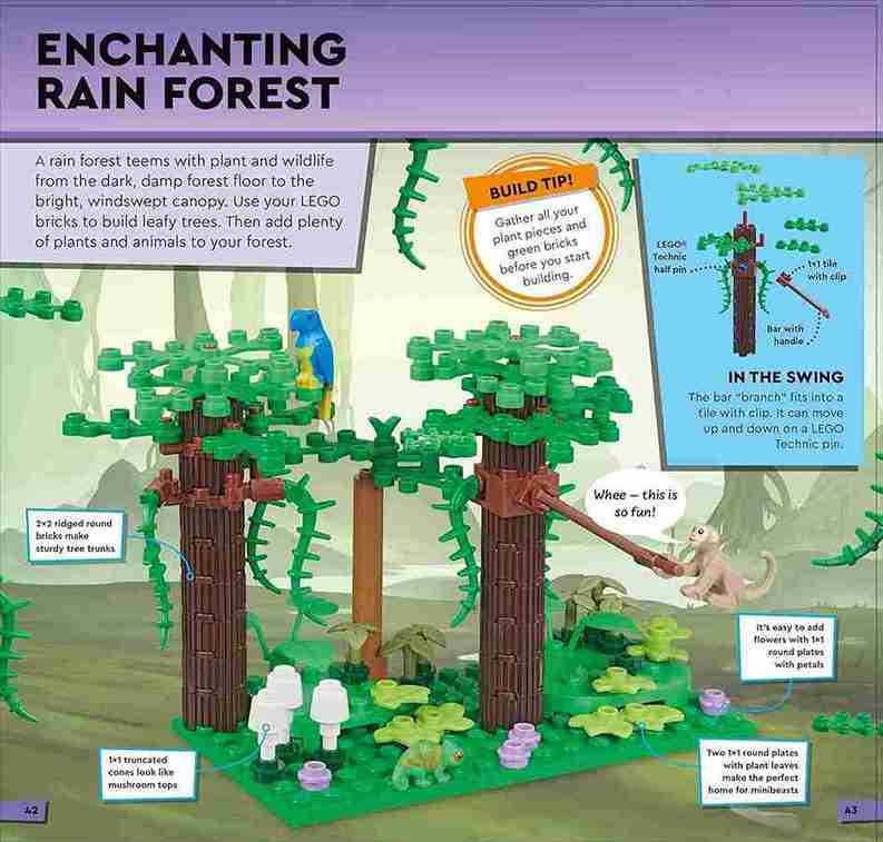 LEGO rainforest set with instructions and illustrations on a purple background