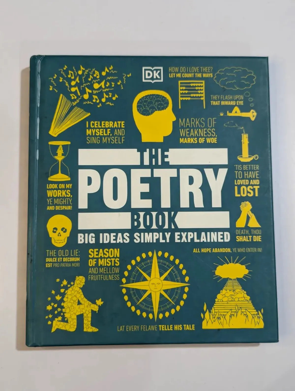 Book titled 'The Poetry Book' with various poetic elements on a green background