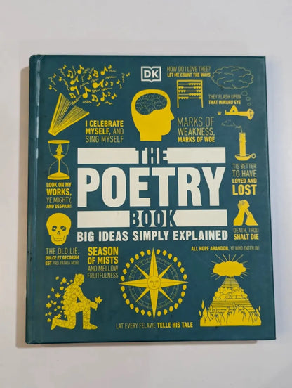 Book titled 'The Poetry Book' with various poetic elements on a green background