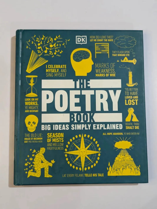 Book titled 'The Poetry Book' with various poetic elements on a green background