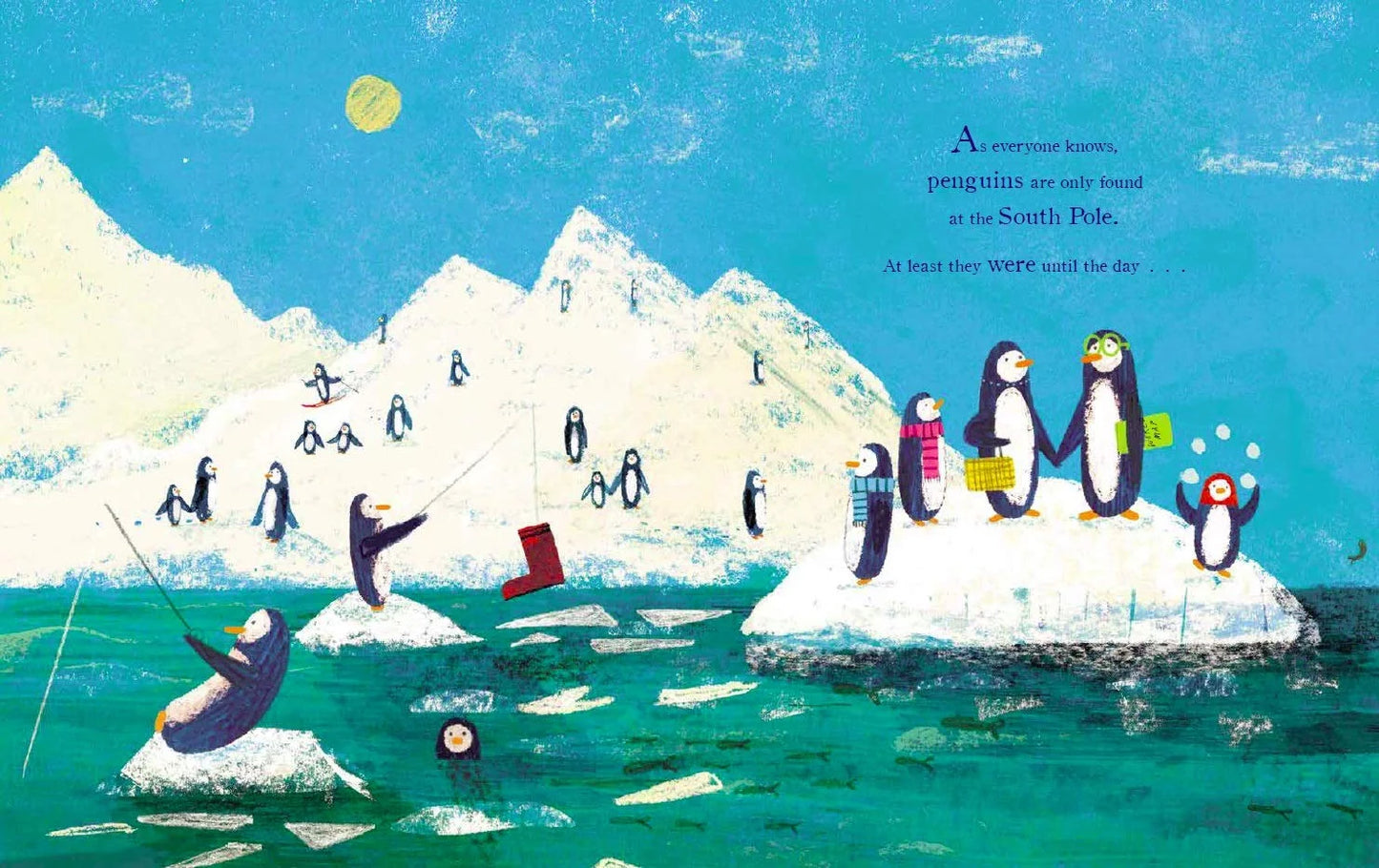 Illustration of penguins at the South Pole with mountains and ocean.