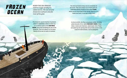Illustration of a ship navigating through icy waters with text about the frozen ocean.