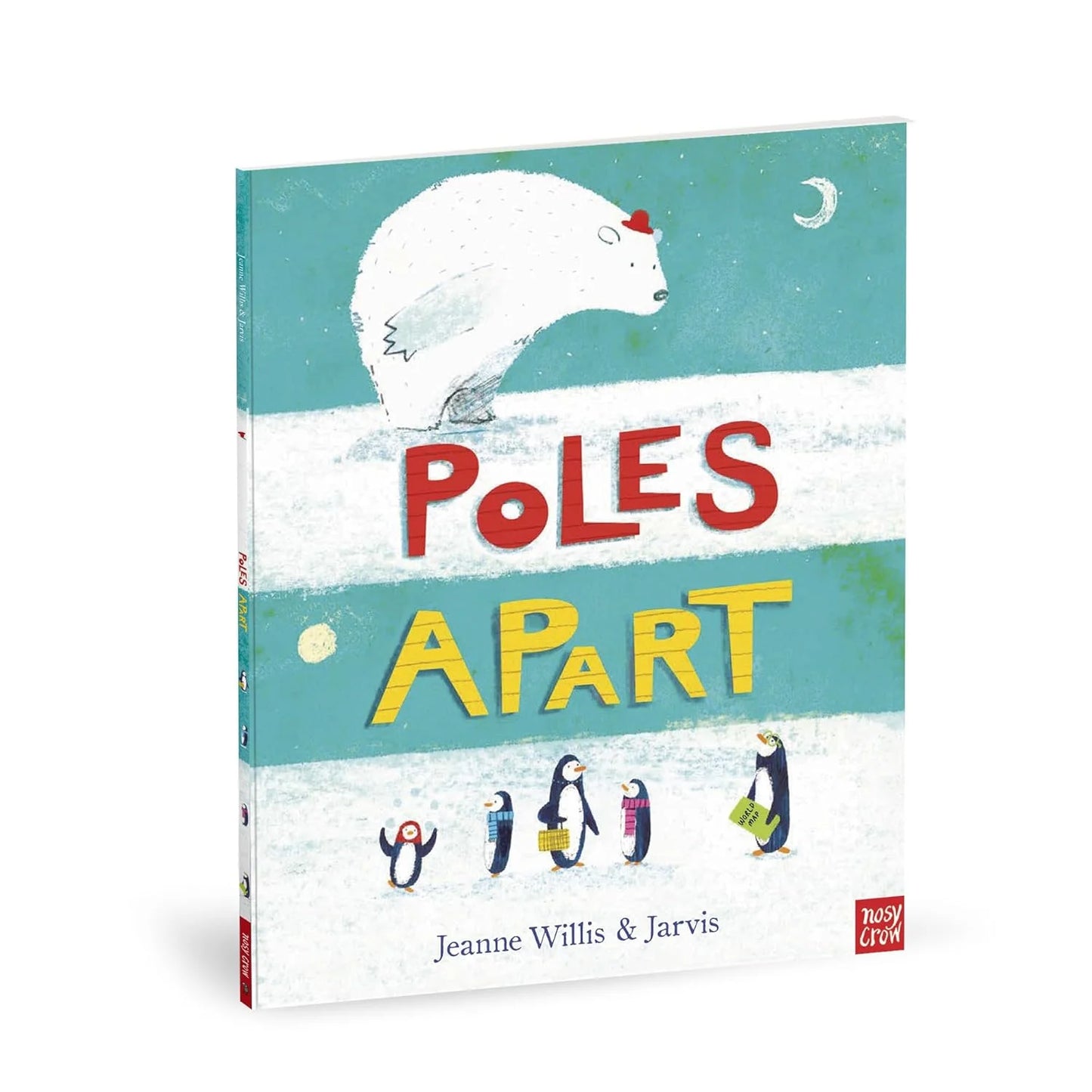 Book cover of 'Poles Apart' with polar bear and penguins on a snowy background