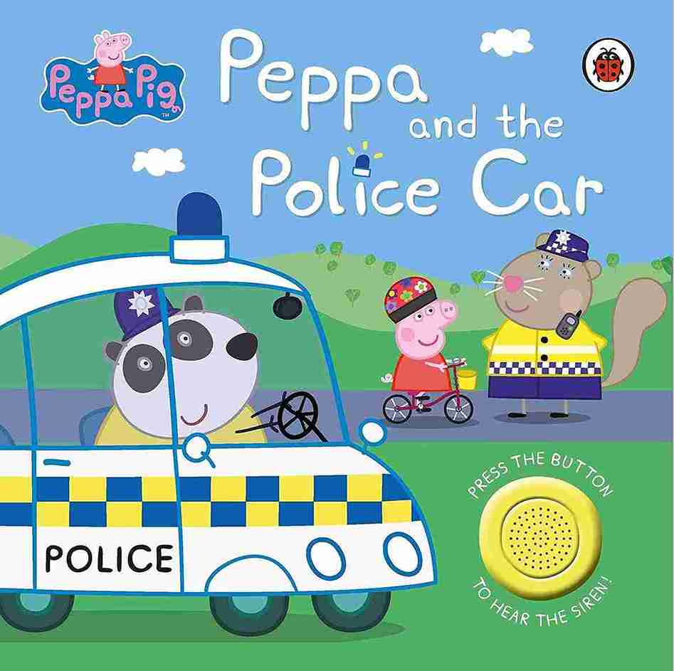 Book cover of 'Peppa and the Police Car' featuring Peppa Pig and friends with a police car.