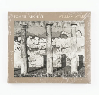 A square art print or book cover titled 'POMPEII ARCHIVE' with 'WILLIAM WYLK' at the top, wrapped in clear plastic. The artwork shows three ancient columns in front of a stone wall in muted beige, gray, and brown tones.
