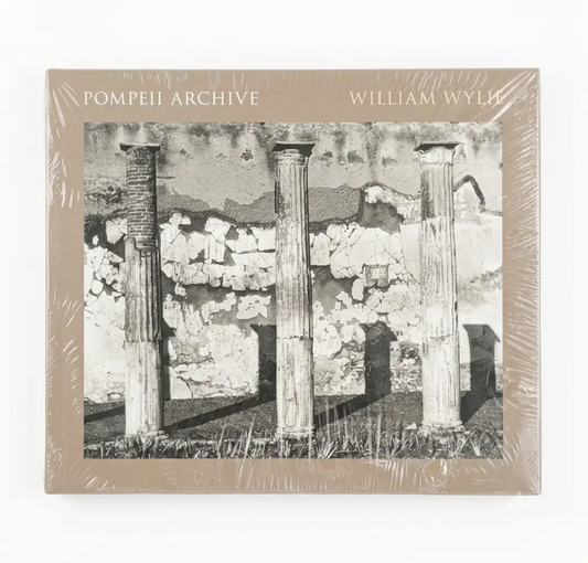 A square art print or book cover titled 'POMPEII ARCHIVE' with 'WILLIAM WYLK' at the top, wrapped in clear plastic. The artwork shows three ancient columns in front of a stone wall in muted beige, gray, and brown tones.