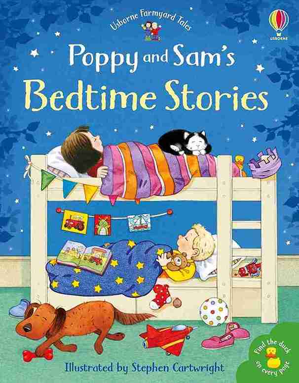 Book cover of 'Poppy and Sam's Bedtime Stories' with illustrations of children in bed and toys.
