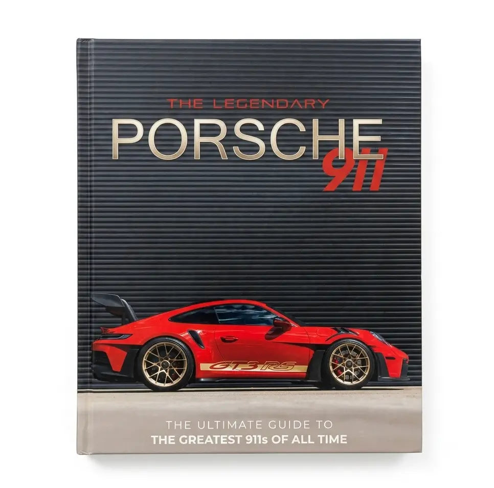 A hardcover book titled 'The Legendary Porsche 911' with a dark ribbed cover, featuring a red Porsche 911 GT3 RSE graphic and the text 'The Ultimate Guide to the Greatest 911s of All Time' on a white background.