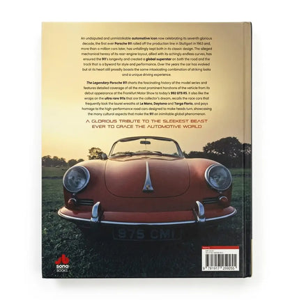 The back cover of a book, featuring a large photograph of a vintage Porsche 911 on a road with trees in the background, accompanied by descriptive text and a red logo at the bottom left.