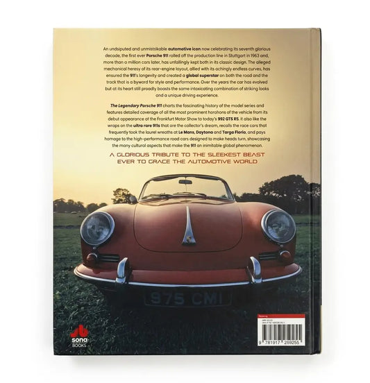The back cover of a book, featuring a large photograph of a vintage Porsche 911 on a road with trees in the background, accompanied by descriptive text and a red logo at the bottom left.