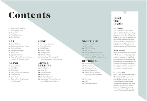 Table of contents for a magazine or book with headings and subheadings on a white and gray background.
