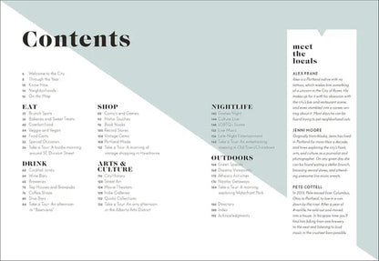 Table of contents for a magazine or book with headings and subheadings on a white and gray background.