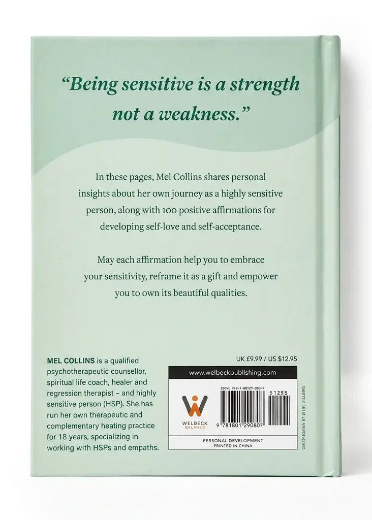 The back cover of a paperback book titled 'Being sensitive is a strength not a weakness.' by Mel Collins, featuring a pale sage green background with black text and a barcode at the bottom.