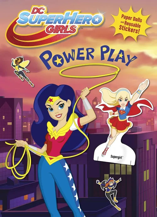 Book cover of 'Power Play' featuring DC SuperHero Girls with superhero characters and cityscape background.
